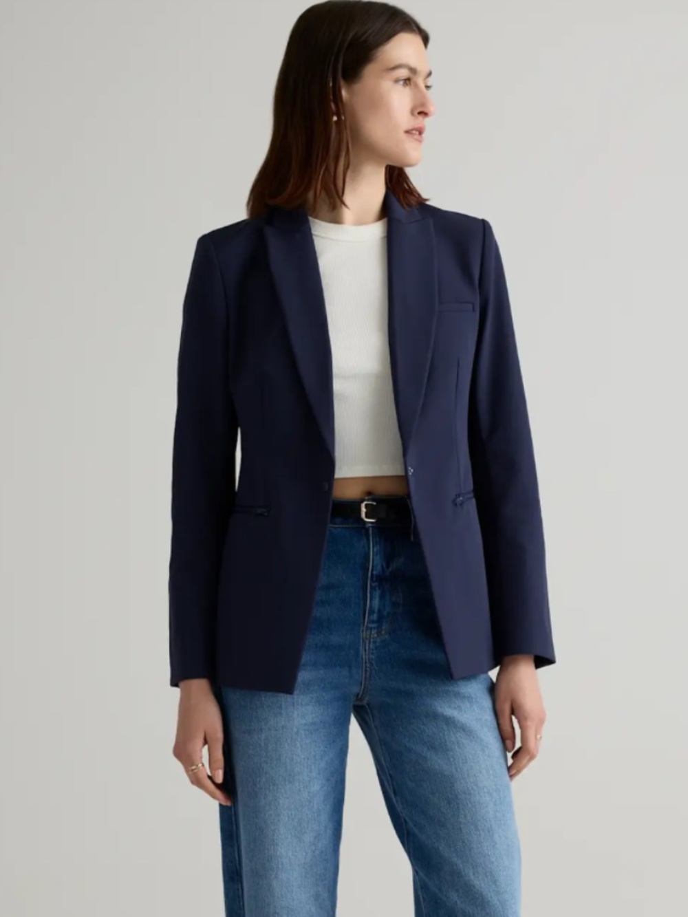 Quince Minimalist Chic Scuba Single-Breasted Convertible Blazer Blue Large